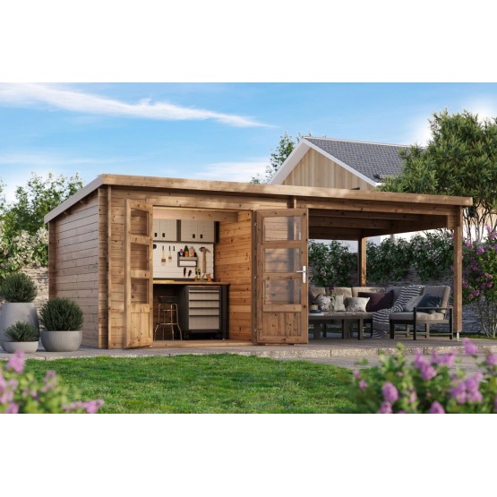 Blokhut Kessel 34 mm, 600x300 cm incl. overkapping 300 cm Bruin geïmpregneerd