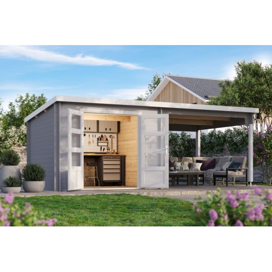 Blokhut Kessel 34 mm, 600x300 cm incl. overkapping 300 cm Lightgrey-White