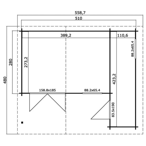 Blokhut Baexem 34 mm, 530x450 cm Blank, Luifel 150 cm