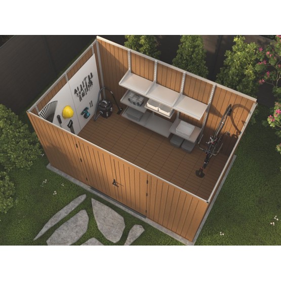 Composiet Tuinhuis 344x210 cm,  Hoogte 226,5 cm Teak