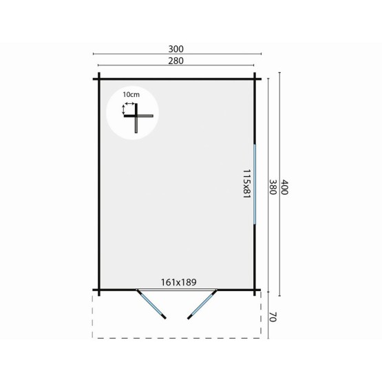 Blokhut Kyll 300x400 cm Luifel 70 cm, 34 mm Blank