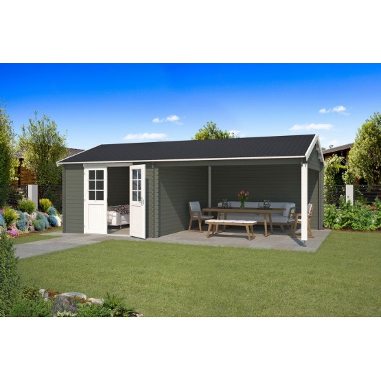 Blokhut Landgraaf met overkapping 700x400 cm Geverfd Green Grey-Wit