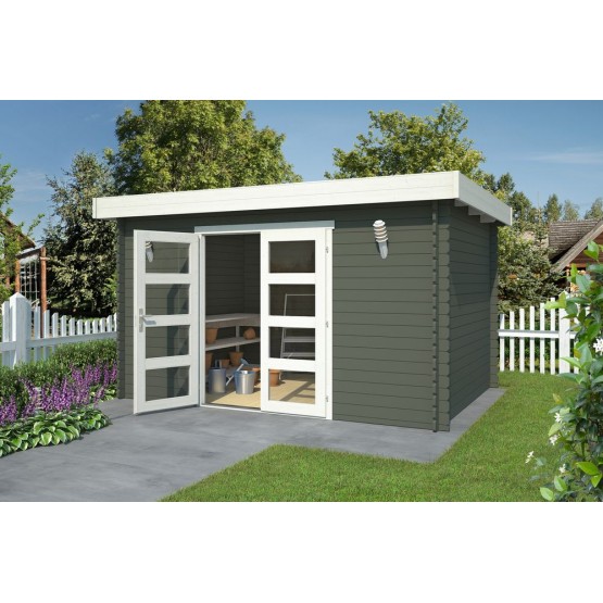 Blokhut Reuver 28 mm 400x295 cm Geverfd Green Grey-Wit