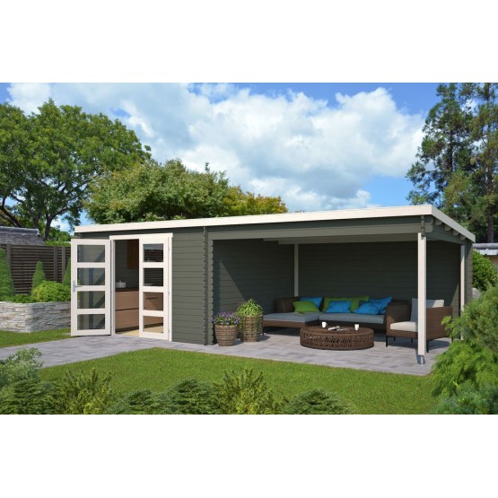 Blokhut Wessem met overkapping 730x350 cm Geverfd Green Grey-Wit